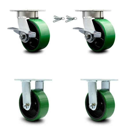 Service Caster 5 Inch Kingpinless Green Poly on Steel Caster Brake & Swivel Lock 2 Rigid, 2PK SCC-KP30S520-PUR-GB-SLB-BSL-2-R-2